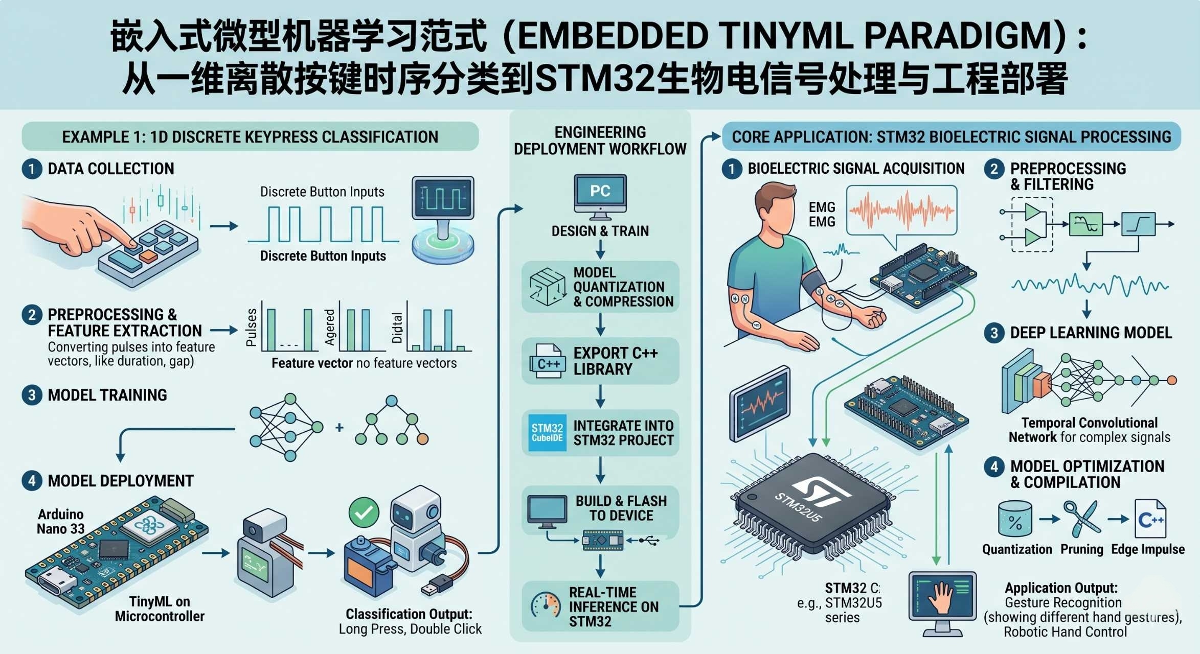 嵌入式微型机器学习范式：从一维离散按键时序分类到 STM32 生物电信号处理与工程部署